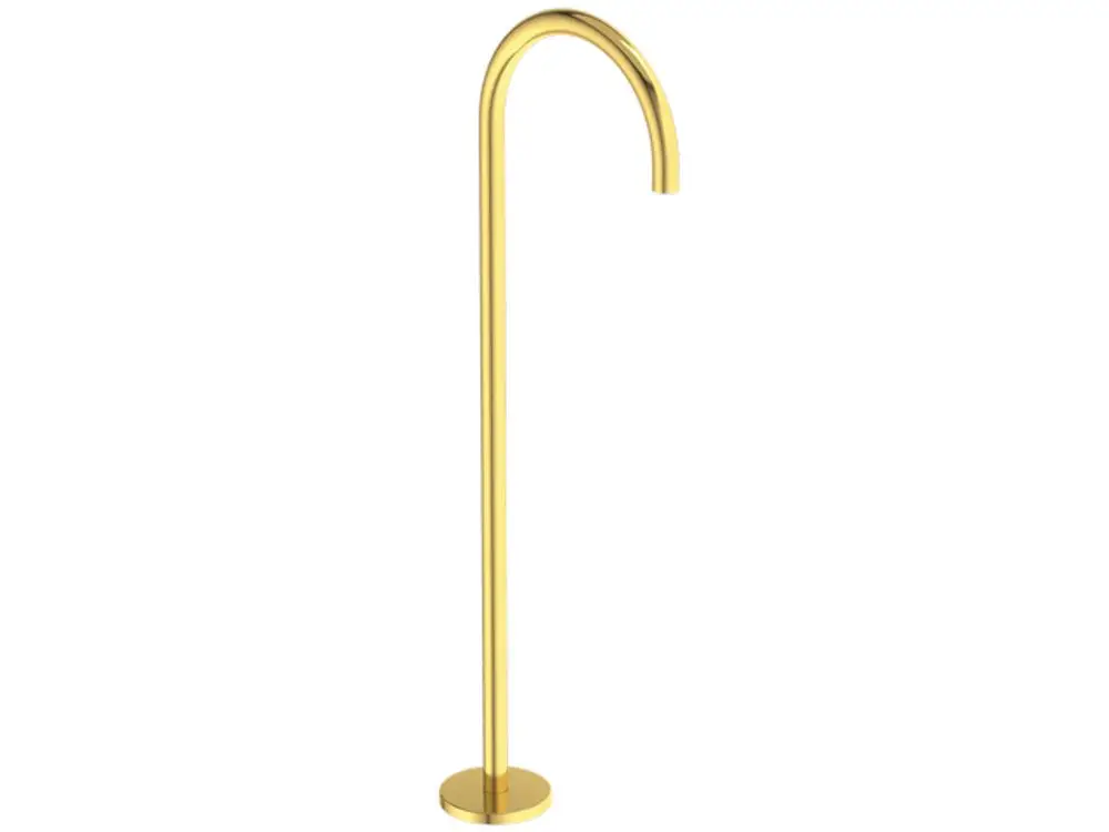 Freistehender Wasserzufluss in gebürstetem Gold, Modell von Ideal Standard, mit geschwungenem Auslauf und runder Basis.